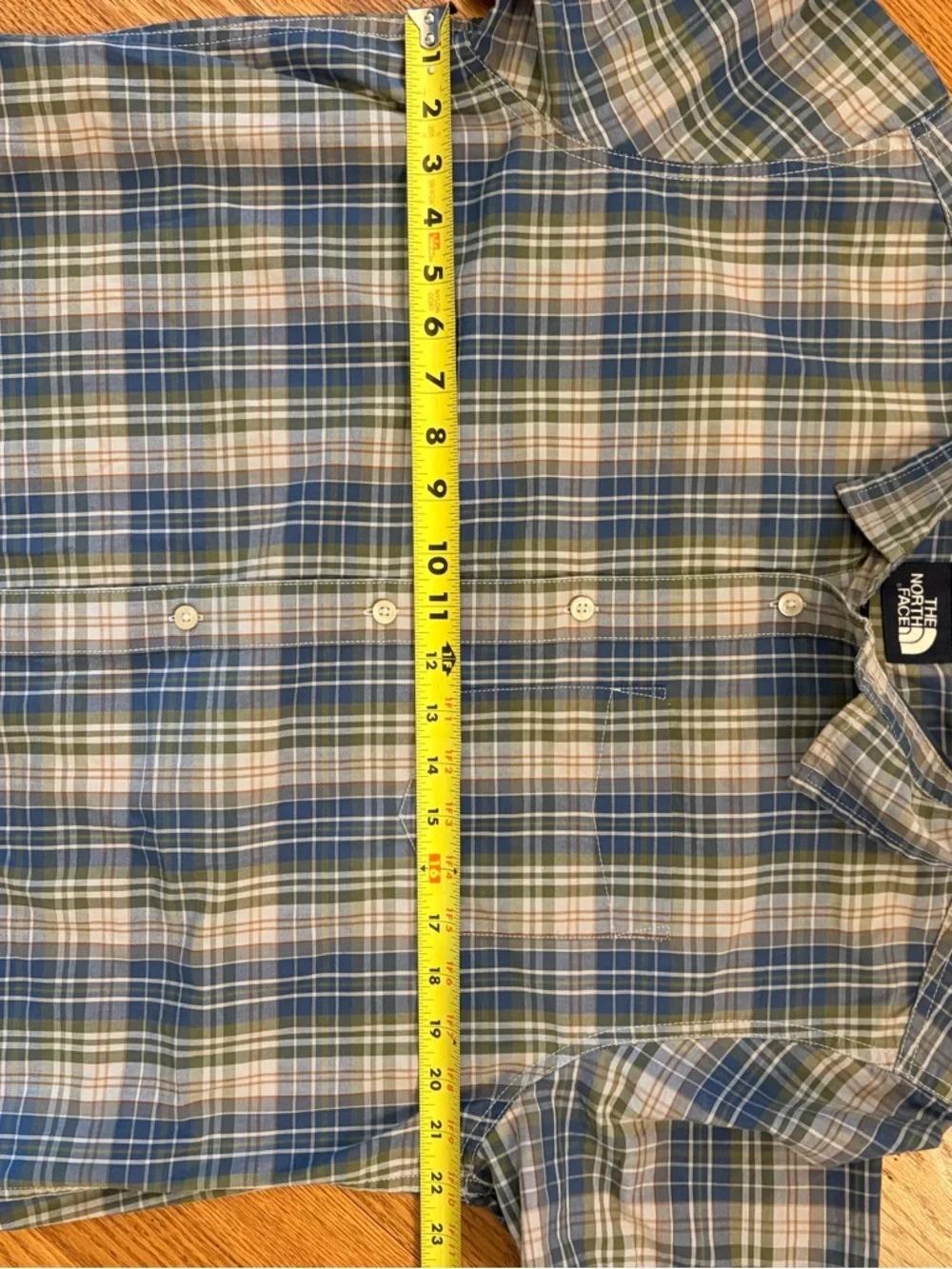 The North Face Short Sleeve Shirt Blue Green Plaid Hiking Camping Outdoor |L